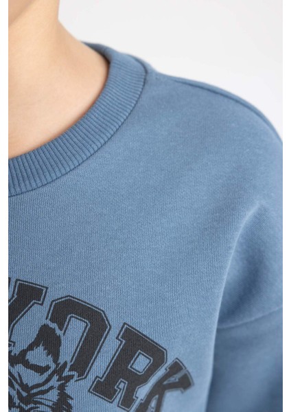 Erkek Çocuk Mavi Regular Fit Düz Kesim Basic Düz Kapüşonlu Sweatshirt B7822A8NS