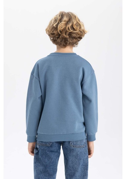 Erkek Çocuk Mavi Regular Fit Düz Kesim Basic Düz Kapüşonlu Sweatshirt B7822A8NS