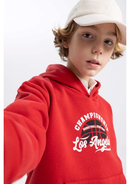 Erkek Çocuk Bordo Regular Fit Düz Kesim Basic Düz Kapüşonlu Sweatshirt B7821A8NS