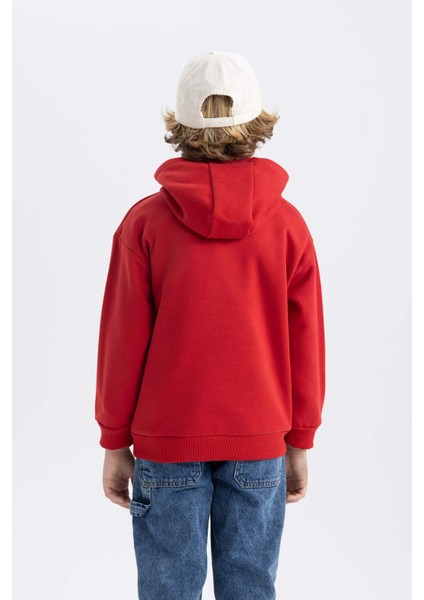 Erkek Çocuk Bordo Regular Fit Düz Kesim Basic Düz Kapüşonlu Sweatshirt B7821A8NS
