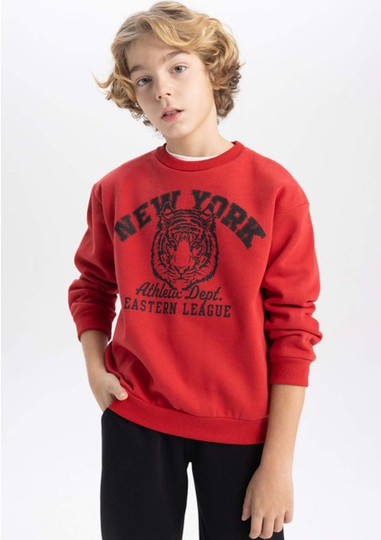 Erkek Çocuk Bordo Regular Fit Düz Kesim Basic Düz Kapüşonlu Sweatshirt B7822A8NS