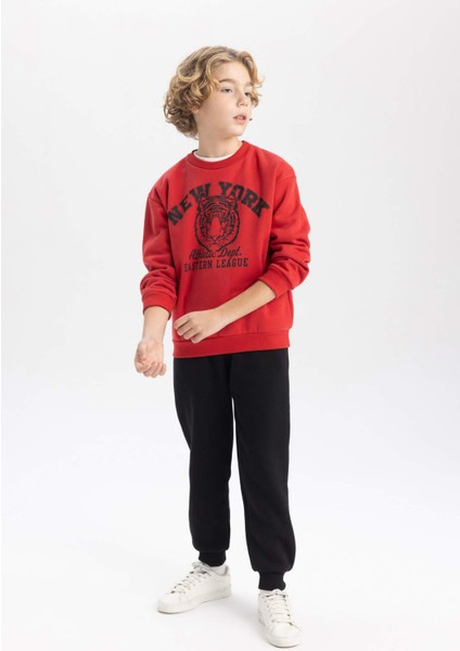 Erkek Çocuk Bordo Regular Fit Düz Kesim Basic Düz Kapüşonlu Sweatshirt B7822A8NS