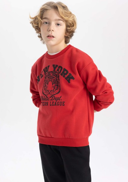 Erkek Çocuk Bordo Regular Fit Düz Kesim Basic Düz Kapüşonlu Sweatshirt B7822A8NS