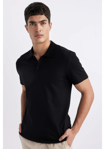 Slim Fit Dar Kesim Polo Yaka Kısa Kollu Pamuklu Modal Karışımlı Basic Düz Siyah Tişört M6609AZ24SP