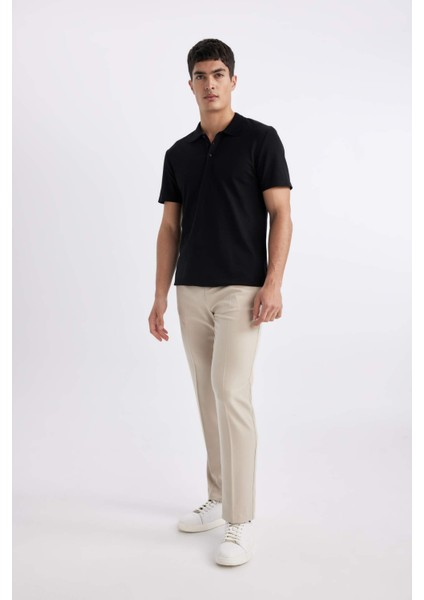 Slim Fit Dar Kesim Polo Yaka Kısa Kollu Pamuklu Modal Karışımlı Basic Düz Siyah Tişört M6609AZ24SP