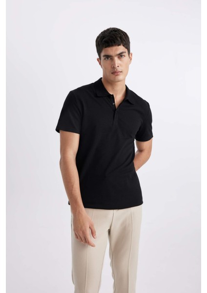 Slim Fit Dar Kesim Polo Yaka Kısa Kollu Pamuklu Modal Karışımlı Basic Düz Siyah Tişört M6609AZ24SP