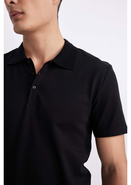 Slim Fit Dar Kesim Polo Yaka Kısa Kollu Pamuklu Modal Karışımlı Basic Düz Siyah Tişört M6609AZ24SP