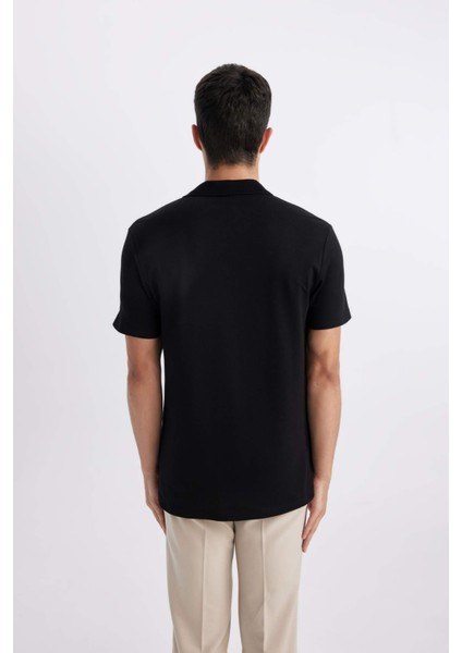 Slim Fit Dar Kesim Polo Yaka Kısa Kollu Pamuklu Modal Karışımlı Basic Düz Siyah Tişört M6609AZ24SP