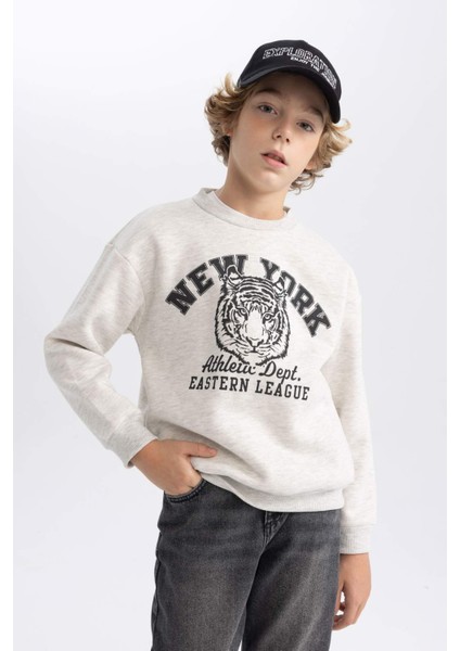 Erkek Çocuk Gri Regular Fit Düz Kesim Basic Düz Kapüşonlu Sweatshirt B7822A8NS