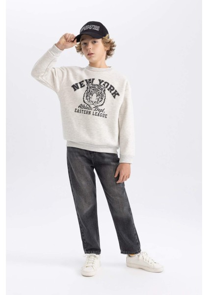 Erkek Çocuk Gri Regular Fit Düz Kesim Basic Düz Kapüşonlu Sweatshirt B7822A8NS