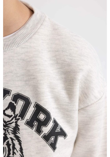 Erkek Çocuk Gri Regular Fit Düz Kesim Basic Düz Kapüşonlu Sweatshirt B7822A8NS