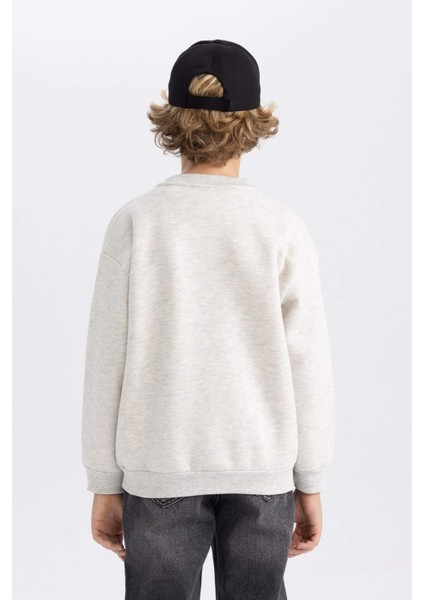 Erkek Çocuk Gri Regular Fit Düz Kesim Basic Düz Kapüşonlu Sweatshirt B7822A8NS