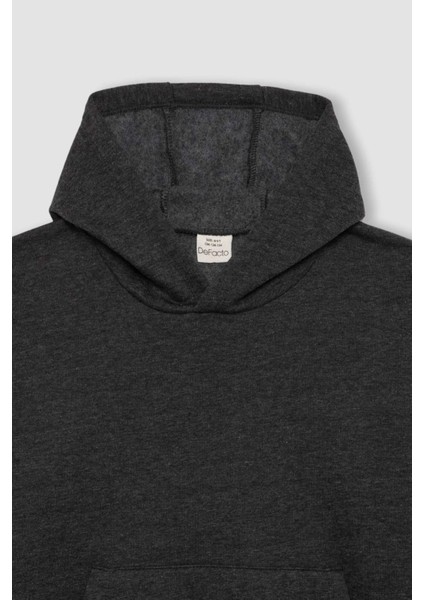 Erkek Çocuk Antrasit Regular Fit Düz Kesim Basic Düz Kapüşonlu Sweatshirt B7773A8NS