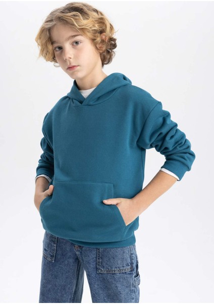 Erkek Çocuk Mavi Regular Fit Düz Kesim Basic Düz Kapüşonlu Sweatshirt B7773A8NS