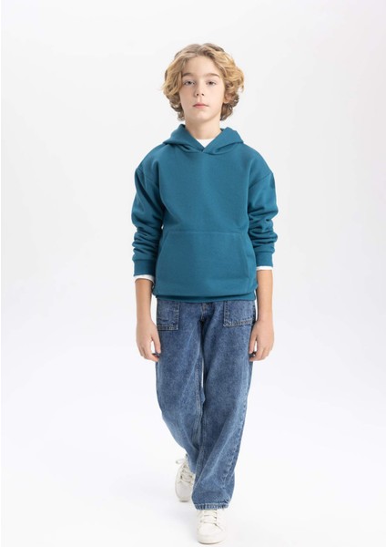Erkek Çocuk Mavi Regular Fit Düz Kesim Basic Düz Kapüşonlu Sweatshirt B7773A8NS