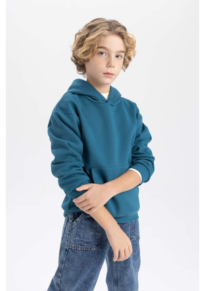 Erkek Çocuk Mavi Regular Fit Düz Kesim Basic Düz Kapüşonlu Sweatshirt B7773A8NS