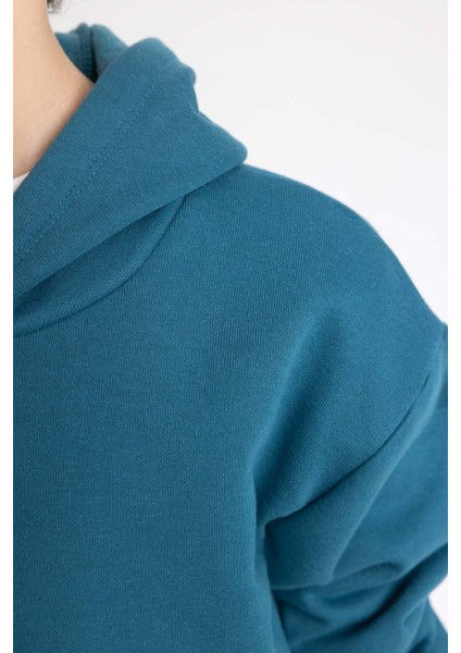 Erkek Çocuk Mavi Regular Fit Düz Kesim Basic Düz Kapüşonlu Sweatshirt B7773A8NS