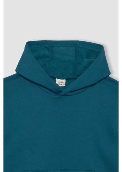 Erkek Çocuk Mavi Regular Fit Düz Kesim Basic Düz Kapüşonlu Sweatshirt B7773A8NS