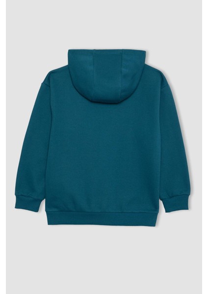 Erkek Çocuk Mavi Regular Fit Düz Kesim Basic Düz Kapüşonlu Sweatshirt B7773A8NS