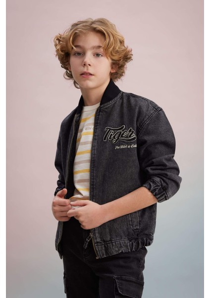 Erkek Çocuk Kolej Yaka Fermuarlı Çift Cepli Mevsimlik Hafif Jean Bomber Ceket B5500A824SP