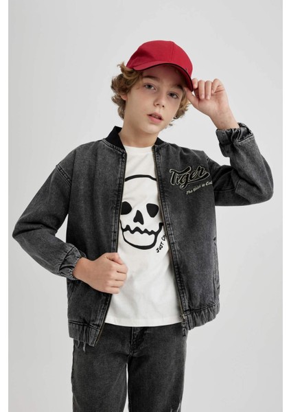 Erkek Çocuk Kolej Yaka Fermuarlı Çift Cepli Mevsimlik Hafif Jean Bomber Ceket B5500A824SP