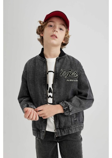 Erkek Çocuk Kolej Yaka Fermuarlı Çift Cepli Mevsimlik Hafif Jean Bomber Ceket B5500A824SP
