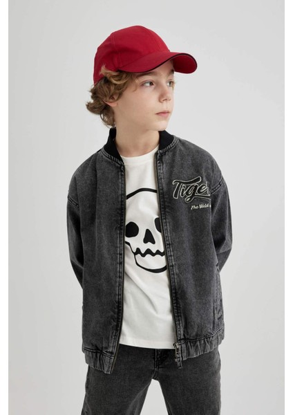 Erkek Çocuk Kolej Yaka Fermuarlı Çift Cepli Mevsimlik Hafif Jean Bomber Ceket B5500A824SP