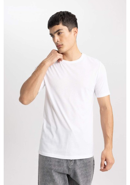 Slim Fit Dar Kesim Bisiklet Yaka Modal Karışımlı Pamuklu Basic Düz Kısa Kollu Beyaz Tişört M6606AZ24SP