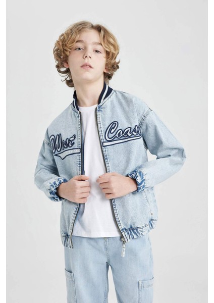 Erkek Çocuk Kolej Yaka Fermuarlı Cepli Mevsimlik Baskılı Jean Bomber Ceket B5494A824SP