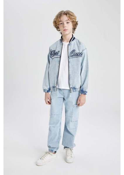Erkek Çocuk Kolej Yaka Fermuarlı Cepli Mevsimlik Baskılı Jean Bomber Ceket B5494A824SP