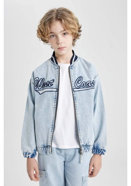 Erkek Çocuk Kolej Yaka Fermuarlı Cepli Mevsimlik Baskılı Jean Bomber Ceket B5494A824SP