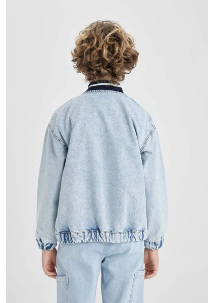 Erkek Çocuk Kolej Yaka Fermuarlı Cepli Mevsimlik Baskılı Jean Bomber Ceket B5494A824SP