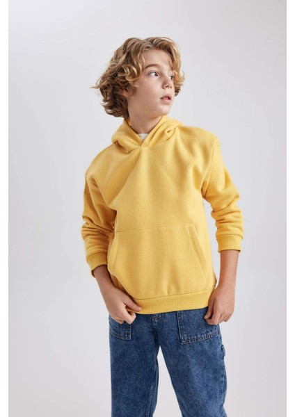 Erkek Çocuk Sarı Regular Fit Düz Kesim Basic Düz Kapüşonlu Sweatshirt B7773A8NS