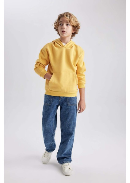 Erkek Çocuk Sarı Regular Fit Düz Kesim Basic Düz Kapüşonlu Sweatshirt B7773A8NS