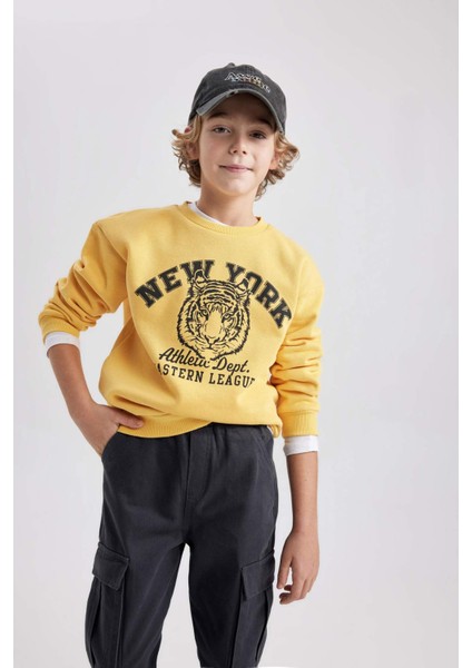 Erkek Çocuk Sarı Regular Fit Düz Kesim Basic Düz Kapüşonlu Sweatshirt B7822A8NS
