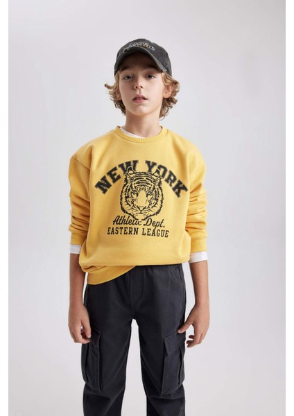 Erkek Çocuk Sarı Regular Fit Düz Kesim Basic Düz Kapüşonlu Sweatshirt B7822A8NS