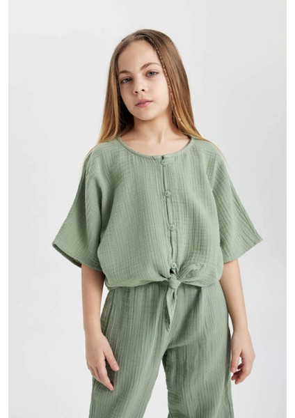 Kız Çocuk Önden Bağlamalı Kısa Kollu Bluz B5062A824SM