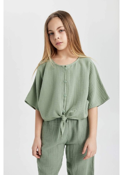 Kız Çocuk Önden Bağlamalı Kısa Kollu Bluz B5062A824SM