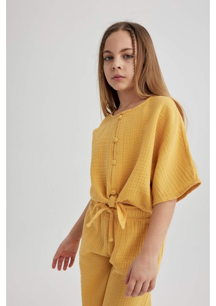 Kız Çocuk Önden Bağlamalı Kısa Kollu Bluz B5062A824SM