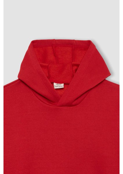 Erkek Çocuk Bordo Regular Fit Düz Kesim Basic Düz Kapüşonlu Sweatshirt B7773A8NS