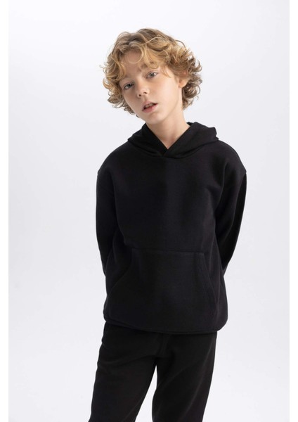 Erkek Çocuk Siyah Regular Fit Düz Kesim Basic Düz Kapüşonlu Sweatshirt B7773A8NS