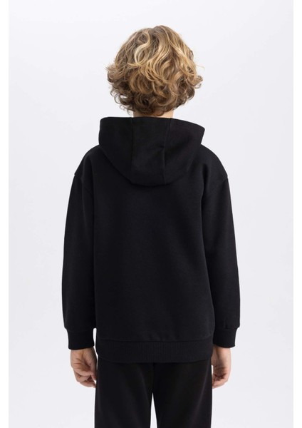 Erkek Çocuk Siyah Regular Fit Düz Kesim Basic Düz Kapüşonlu Sweatshirt B7773A8NS