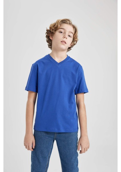 Erkek Çocuk V Yaka Basic Düz Kısa Kollu Tişört K1693A624SM