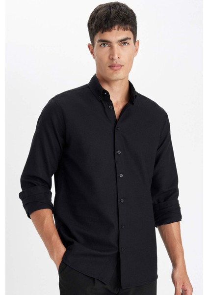 Modern Fit Polo Yaka Petek Dokulu Basic Düz Uzun Kollu Siyah Gömlek B7383AX24SP