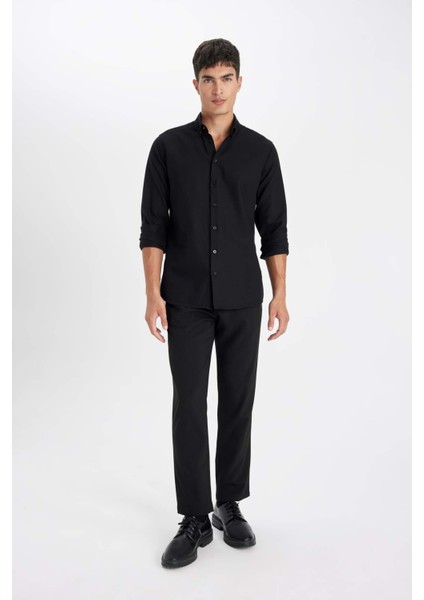Modern Fit Polo Yaka Petek Dokulu Basic Düz Uzun Kollu Siyah Gömlek B7383AX24SP