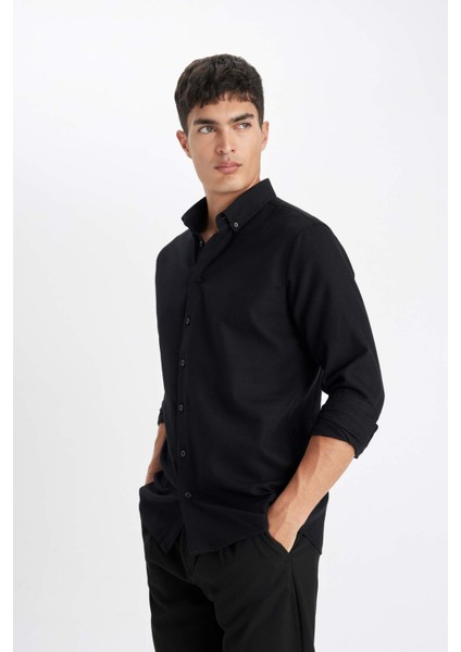 Modern Fit Polo Yaka Petek Dokulu Basic Düz Uzun Kollu Siyah Gömlek B7383AX24SP