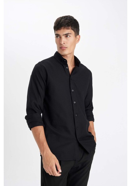 Modern Fit Polo Yaka Petek Dokulu Basic Düz Uzun Kollu Siyah Gömlek B7383AX24SP
