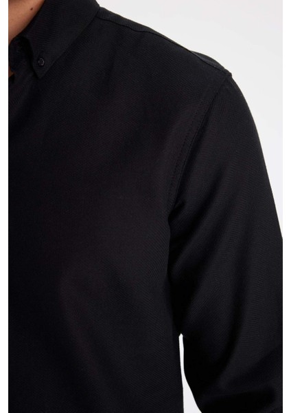 Modern Fit Polo Yaka Petek Dokulu Basic Düz Uzun Kollu Siyah Gömlek B7383AX24SP