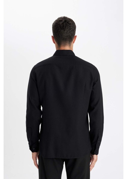 Modern Fit Polo Yaka Petek Dokulu Basic Düz Uzun Kollu Siyah Gömlek B7383AX24SP