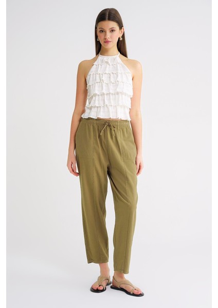 4436 Kadın Keten Çımalı Şalvar Pantolon Haki